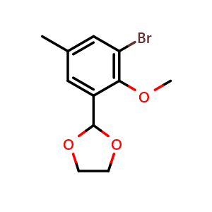 Chemical structure of 2-(3-bromo-2-methoxy-5-methylphenyl)-1,3-dioxolane , CAS 2221812-25-3, AChemBlock Q67173