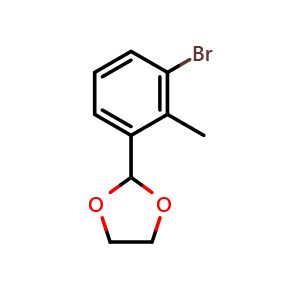Chemical structure of 2-(3-bromo-2-methylphenyl)-1,3-dioxolane , CAS 106965-50-8, AChemBlock Q67184