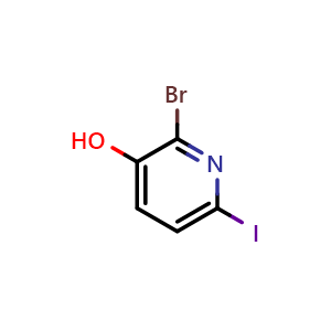 Chemical structure of 2-bromo-6-iodopyridin-3-ol , CAS 129611-32-1, AChemBlock Q67214