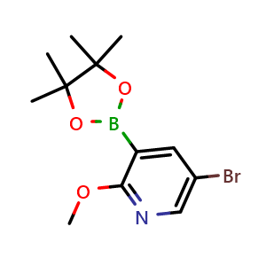 Chemical structure of 5-bromo-2-methoxy-3-(4,4,5,5-tetramethyl-1,3,2-dioxaborolan-2-yl)pyridine , CAS 1073353-75-9, AChemBlock Q67358