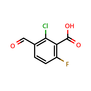 Chemical structure of 2-chloro-6-fluoro-3-formylbenzoic acid , CAS 1131605-23-6, AChemBlock Q67364