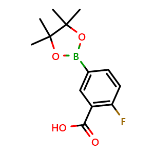 Chemical structure of 2-fluoro-5-(4,4,5,5-tetramethyl-1,3,2-dioxaborolan-2-yl)benzoic acid , CAS 882679-10-9, AChemBlock Q67465