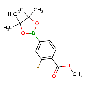 Chemical structure of methyl 2-fluoro-4-(4,4,5,5-tetramethyl-1,3,2-dioxaborolan-2-yl)benzoate , CAS 603122-52-7, AChemBlock Q67656