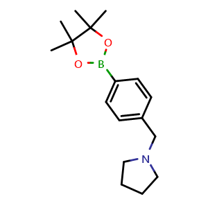 Chemical structure of 1-(4-(4,4,5,5-tetramethyl-1,3,2-dioxaborolan-2-yl)benzyl)pyrrolidine , CAS 884507-39-5, AChemBlock Q67685