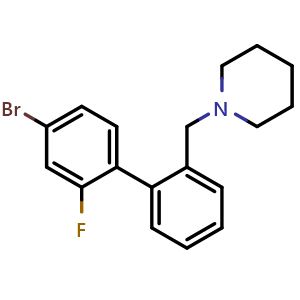 Chemical structure of 1-((4'-bromo-2'-fluoro-[1,1'-biphenyl]-2-yl)methyl)piperidine , CAS 1200131-18-5, AChemBlock Q67704