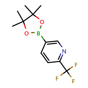 Chemical structure of 5-(4,4,5,5-tetramethyl-1,3,2-dioxaborolan-2-yl)-2-(trifluoromethyl)pyridine , CAS 1218790-39-6, AChemBlock Q67849
