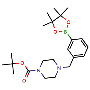 Chemical structure of tert-butyl 4-(3-(4,4,5,5-tetramethyl-1,3,2-dioxaborolan-2-yl)benzyl)piperazine-1-carboxylate , CAS 883738-19-0, AChemBlock Q67979