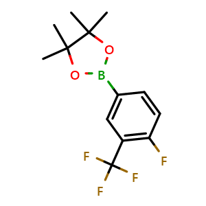 Chemical structure of 2-(4-fluoro-3-(trifluoromethyl)phenyl)-4,4,5,5-tetramethyl-1,3,2-dioxaborolane , CAS 445303-14-0, AChemBlock Q68255