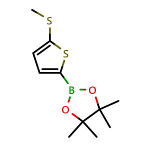 Chemical structure of 4,4,5,5-tetramethyl-2-(5-(methylthio)thiophen-2-yl)-1,3,2-dioxaborolane , CAS 1172999-13-1, AChemBlock Q68280