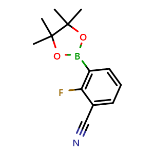 Chemical structure of 2-fluoro-3-(4,4,5,5-tetramethyl-1,3,2-dioxaborolan-2-yl)benzonitrile , CAS 1218791-15-1, AChemBlock Q68282