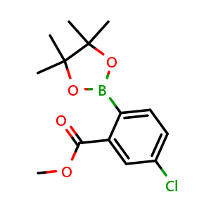 Chemical structure of methyl 5-chloro-2-(4,4,5,5-tetramethyl-1,3,2-dioxaborolan-2-yl)benzoate , CAS 866625-02-7, AChemBlock Q68295