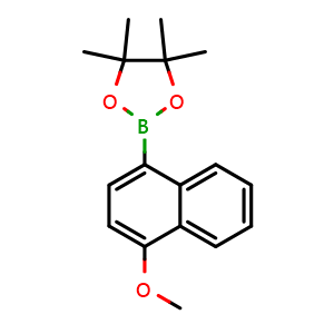 Chemical structure of 2-(4-methoxynaphthalen-1-yl)-4,4,5,5-tetramethyl-1,3,2-dioxaborolane , CAS 269410-16-4, AChemBlock Q68304