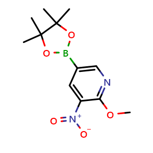 Chemical structure of 2-methoxy-3-nitro-5-(4,4,5,5-tetramethyl-1,3,2-dioxaborolan-2-yl)pyridine , CAS 1083168-94-8, AChemBlock Q68345