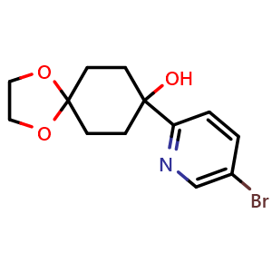 Chemical structure of 8-(5-bromopyridin-2-yl)-1,4-dioxaspiro[4.5]decan-8-ol , CAS 708274-37-7, AChemBlock Q68357