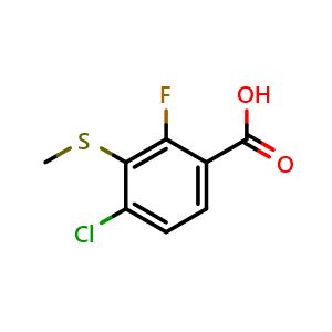 Chemical structure of 4-chloro-2-fluoro-3-(methylthio)benzoic acid , CAS 159329-16-5, AChemBlock Q68501