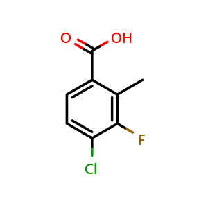 Chemical structure of 4-chloro-3-fluoro-2-methylbenzoic acid , CAS 157652-29-4, AChemBlock Q68516