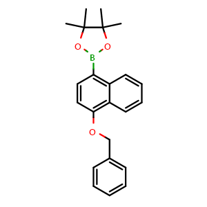 Chemical structure of 2-(4-(benzyloxy)naphthalen-1-yl)-4,4,5,5-tetramethyl-1,3,2-dioxaborolane , CAS 2096997-27-0, AChemBlock Q68526