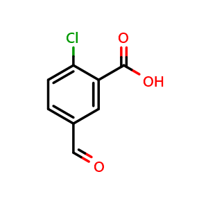 Chemical structure of 2-chloro-5-formylbenzoic acid , CAS 1206625-81-1, AChemBlock Q68578