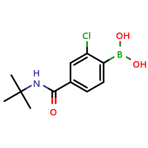 Chemical structure of (4-(tert-butylcarbamoyl)-2-chlorophenyl)boronic acid , CAS 2096336-15-9, AChemBlock Q68580