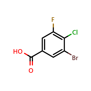 Chemical structure of 3-bromo-4-chloro-5-fluorobenzoic acid , CAS 1357942-87-0, AChemBlock Q68593