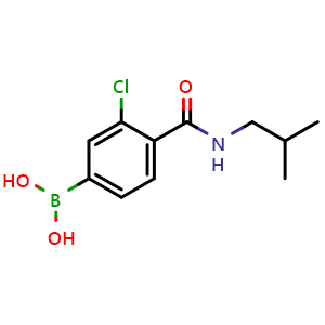 Chemical structure of (3-chloro-4-(isobutylcarbamoyl)phenyl)boronic acid , CAS 2096335-60-1, AChemBlock Q68610