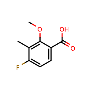 Chemical structure of 4-fluoro-2-methoxy-3-methylbenzoic acid , CAS 1301718-06-8, AChemBlock Q68679