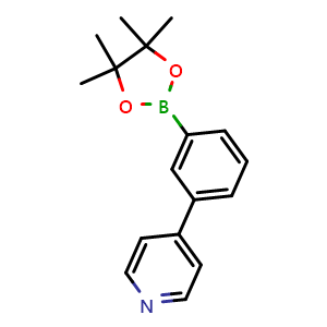Chemical structure of 4-(3-(4,4,5,5-tetramethyl-1,3,2-dioxaborolan-2-yl)phenyl)pyridine , CAS 1009033-83-3, AChemBlock Q68699