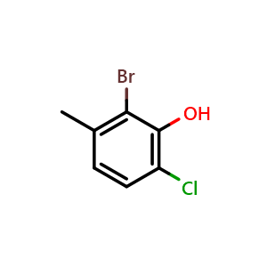 Chemical structure of 2-bromo-6-chloro-3-methylphenol , CAS 1211512-31-0, AChemBlock Q68744