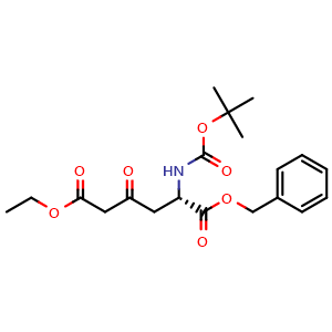 Chemical structure of 1-benzyl 6-ethyl (S)-2-((tert-butoxycarbonyl)amino)-4-oxohexanedioate , CAS 250291-82-8, AChemBlock Q68905
