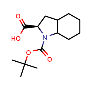 Chemical structure of (2R)-1-tert-butoxycarbonyl-2,3,3a,4,5,6,7,7a-octahydroindole-2-carboxylic acid , CAS 1217525-04-6, AChemBlock Q68912