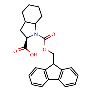 Chemical structure of (2R)-1-(((9H-fluoren-9-yl)methoxy)carbonyl)octahydro-1H-indole-2-carboxylic acid , CAS 1217512-55-4, AChemBlock Q68913