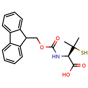 Chemical structure of (R)-2-((((9H-fluoren-9-yl)methoxy)carbonyl)amino)-3-mercapto-3-methylbutanoic acid , CAS 1403693-21-9, AChemBlock Q68948