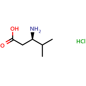 Chemical structure of (R)-3-amino-4-methylpentanoic acid hydrochloride , CAS 219310-09-5, AChemBlock Q68999