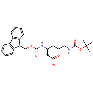 Chemical structure of (S)-3-((((9H-fluoren-9-yl)methoxy)carbonyl)amino)-6-((tert-butoxycarbonyl)amino)hexanoic acid , CAS 219967-68-7, AChemBlock Q69015