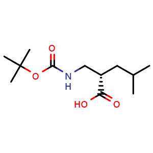 Chemical structure of (S)-2-(((tert-butoxycarbonyl)amino)methyl)-4-methylpentanoic acid , CAS 828254-18-8, AChemBlock Q69040