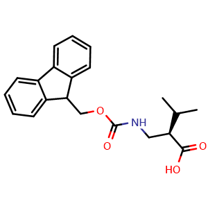 Chemical structure of (R)-2-(((((9H-fluoren-9-yl)methoxy)carbonyl)amino)methyl)-3-methylbutanoic acid , CAS 501331-02-8, AChemBlock Q69072
