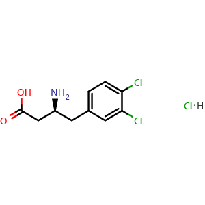 Chemical structure of (S)-3-amino-4-(3,4-dichlorophenyl)butanoic acid hydrochloride , CAS 332061-65-1, AChemBlock Q69098
