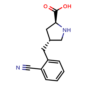 Chemical structure of (2S,4R)-4-(2-cyanobenzyl)pyrrolidine-2-carboxylic acid , CAS 1049981-76-1, AChemBlock Q69106