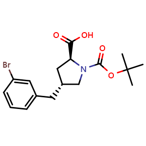 Chemical structure of (2S,4R)-4-(3-bromobenzyl)-1-(tert-butoxycarbonyl)pyrrolidine-2-carboxylic acid , CAS 959579-64-7, AChemBlock Q69114