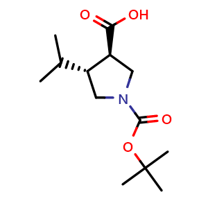 Chemical structure of rel-(3R,4R)-1-(tert-butoxycarbonyl)-4-isopropylpyrrolidine-3-carboxylic acid , CAS 1212348-80-5, AChemBlock Q69134