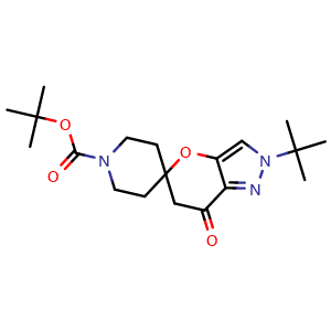 Chemical structure of tert-butyl 2'-(tert-butyl)-7'-oxo-6',7'-dihydro-2'H-spiro[piperidine-4,5'-pyrano[3,2-c]pyrazole]-1-carboxylate , CAS 1197815-67-0, AChemBlock Q69156