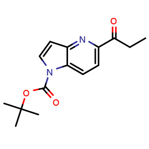 Chemical structure of tert-butyl 5-propionyl-1H-pyrrolo[3,2-b]pyridine-1-carboxylate , CAS 1407180-80-6, AChemBlock Q69174