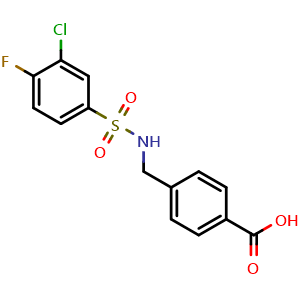 Chemical structure of 4-(((3-chloro-4-fluorophenyl)sulfonamido)methyl)benzoic acid , CAS 690646-06-1, AChemBlock Q69182