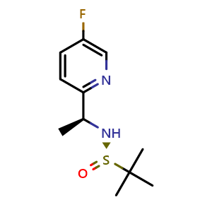 Chemical structure of (R)-N-((S)-1-(5-fluoropyridin-2-yl)ethyl)-2-methylpropane-2-sulfinamide , CAS 1951445-13-8, AChemBlock Q69189