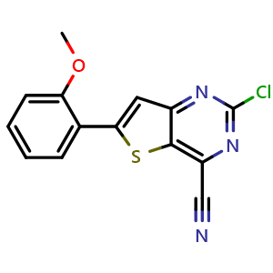 Chemical structure of 2-chloro-6-(2-methoxyphenyl)thieno[3,2-d]pyrimidine-4-carbonitrile , CAS 1407180-82-8, AChemBlock Q69190