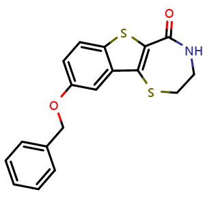 Chemical structure of 9-(benzyloxy)-3,4-dihydrobenzo[4,5]thieno[2,3-f][1,4]thiazepin-5(2H)-one , CAS 1259977-97-3, AChemBlock Q69193