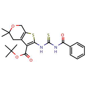 Chemical structure of tert-butyl 2-(3-benzoylthioureido)-5,5-dimethyl-4,7-dihydro-5H-thieno[2,3-c]pyran-3-carboxylate , CAS 1422057-39-3, AChemBlock Q69195