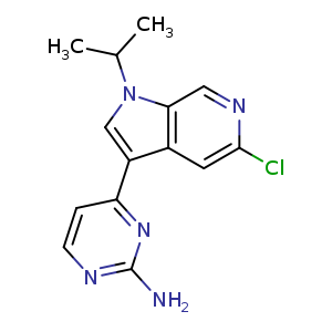 Chemical structure of 4-(5-chloro-1-isopropyl-1H-pyrrolo[2,3-c]pyridin-3-yl)pyrimidin-2-amine , CAS 1221153-82-7, AChemBlock Q69201