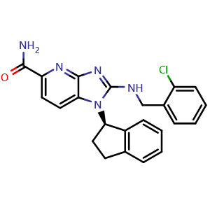 Chemical structure of (R)-2-((2-chlorobenzyl)amino)-1-(2,3-dihydro-1H-inden-1-yl)-1H-imidazo[4,5-b]pyridine-5-carboxamide , CAS 1202159-38-3, AChemBlock Q69208