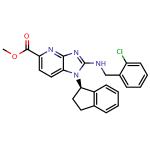 Chemical structure of methyl (R)-2-((2-chlorobenzyl)amino)-1-(2,3-dihydro-1H-inden-1-yl)-1H-imidazo[4,5-b]pyridine-5-carboxylate , CAS 1426654-48-9, AChemBlock Q69209